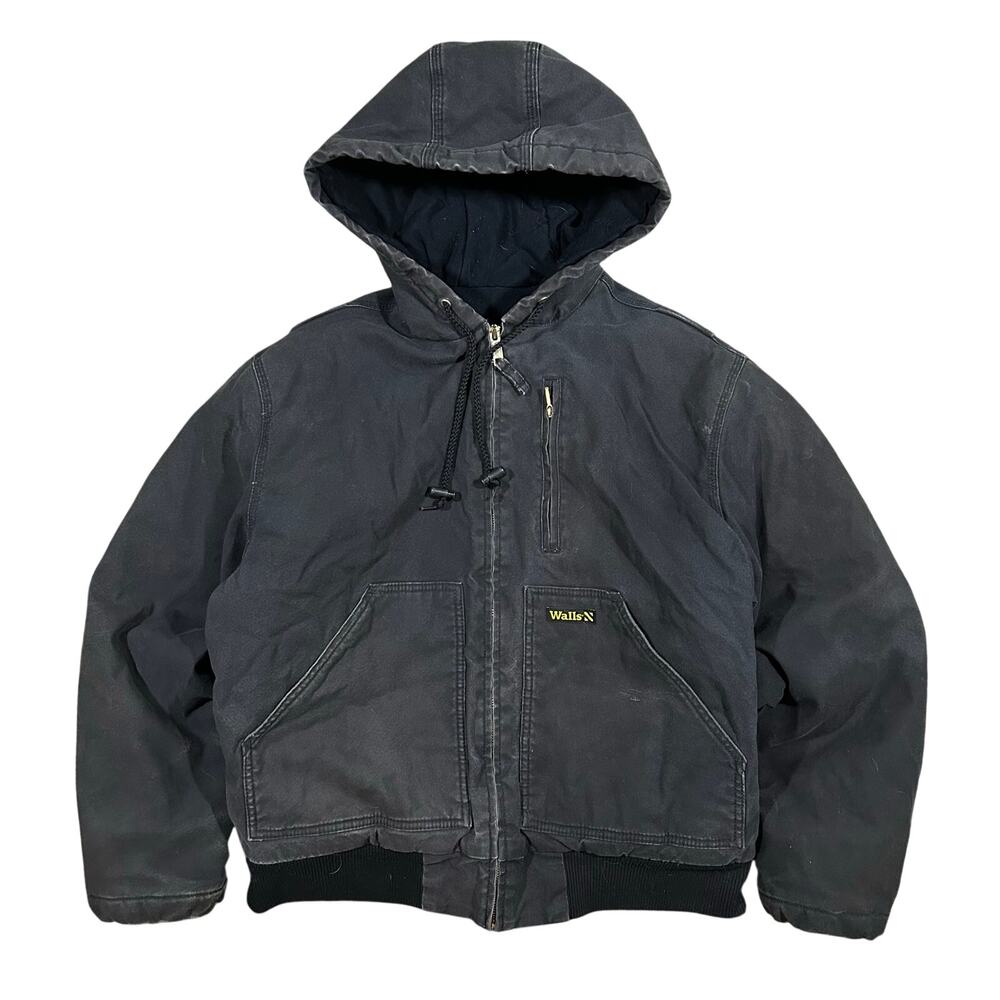 Vintage Walls Black Canvas Jacket Mens Medium Workwear Insulated Hooded Full Zip